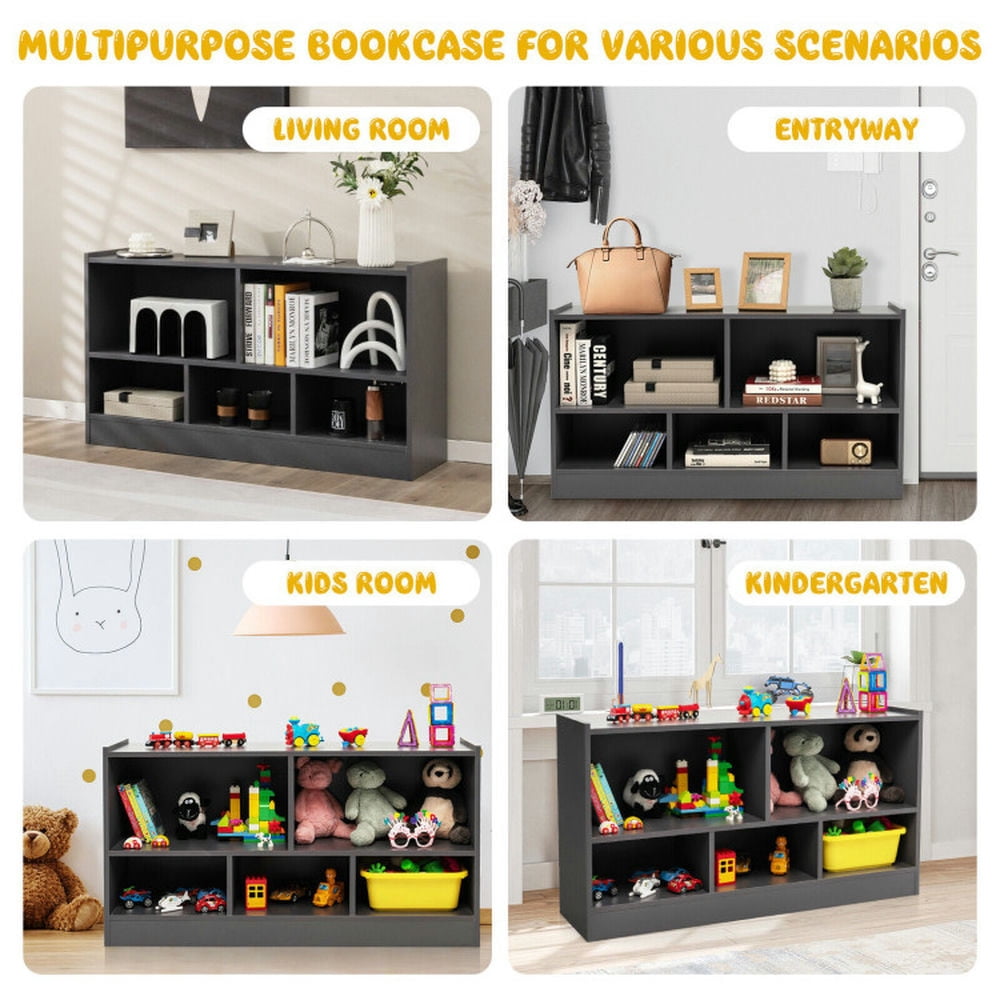 Resenkos Kids 2-Shelf Bookcase 5-Cube Wood Toy Storage Cabinet Organizer-Gray, Kids Toy Storage for Kids, Boys, Girls, Nursery