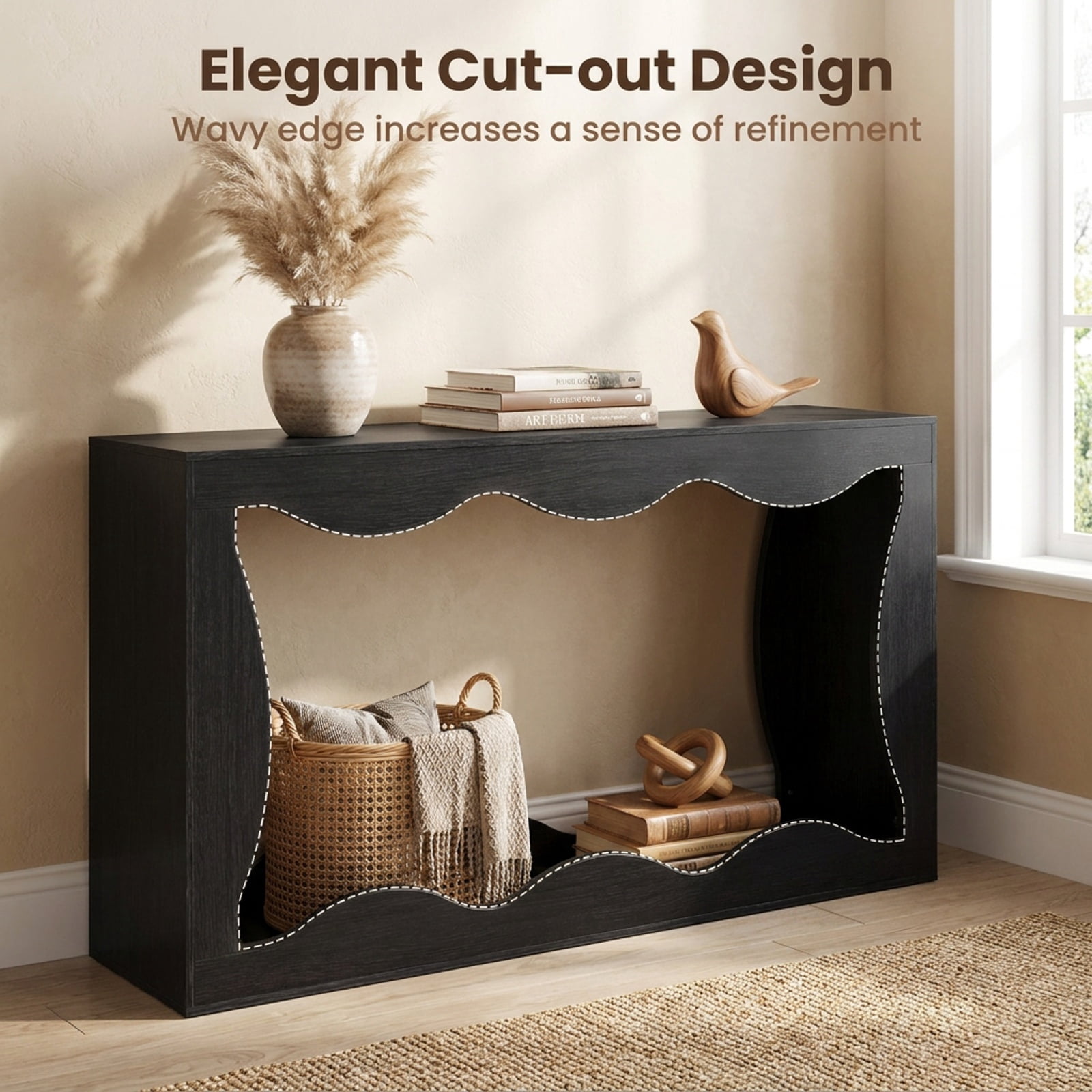 Furnibear 63 Inch Long Narrow Console Table 2 Tier Entryway Table with Wavy Edge Storage Shelf for Hallway Living Room, Black