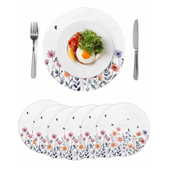 Spring Floral Round 15 Inch Placemats Set of 6, Elegant Pastoral Flowers Botanical HeatResistant Non Slip Place Mats for Dining Table, Wipeable Braided Kitchen Table Mats for Housewarming