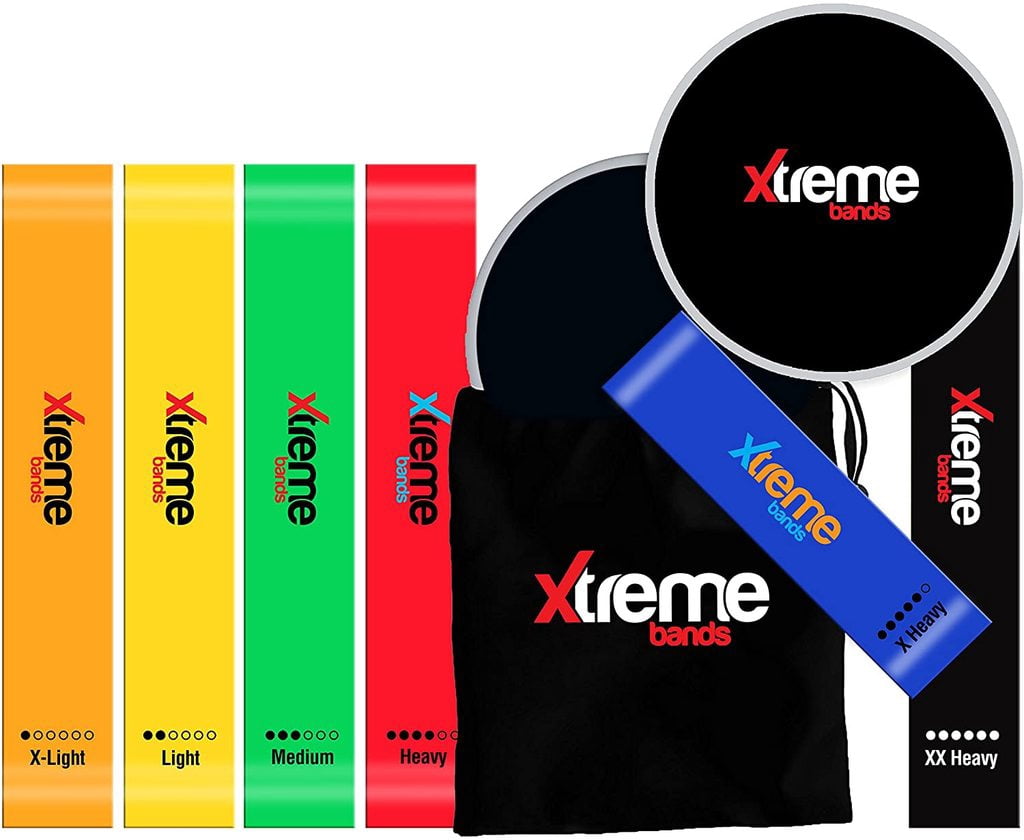Xtreme Bands | Resistance Bands & Core Exercise Sliders Set | 6 Durable Non-Slip Latex Bands (x-Light –xx- Heavy) with 2 Dual-Sided Abs Glider Workout Discs | Includes Black Carry Case