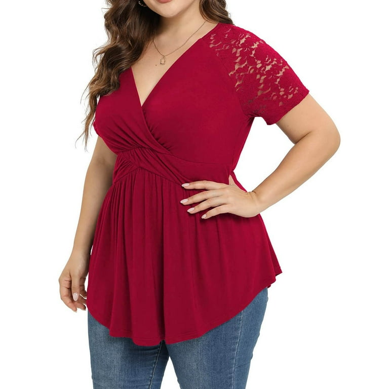 RQYYD Women Plus Size Top Lace Short Sleeve Wrap Dressy Shirt Low