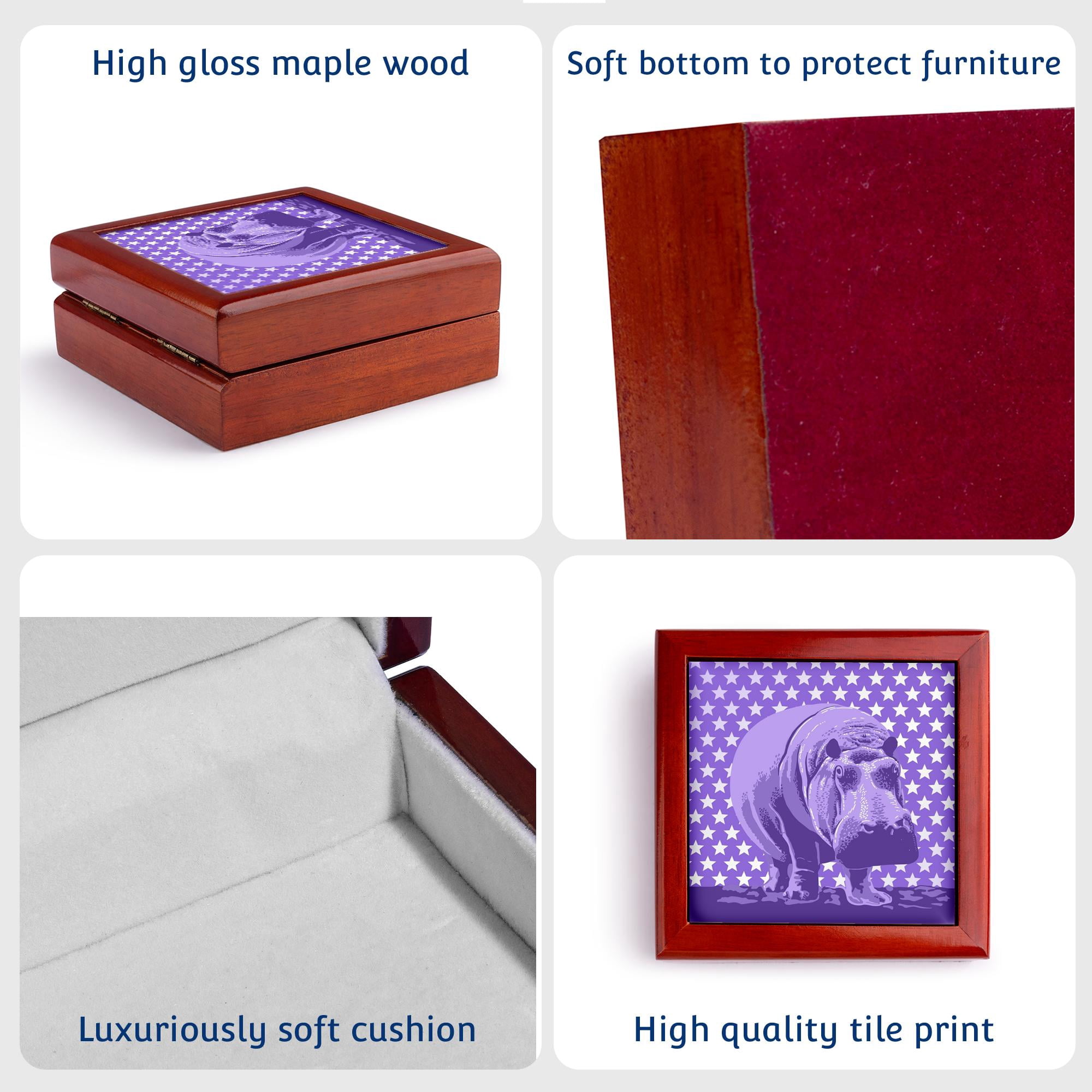 3dRose, Quirky Purple Hippo over Purple and White Tonal Stars Pattern, Jewelry Box 5.5x5.5 inch with 4 inch tile