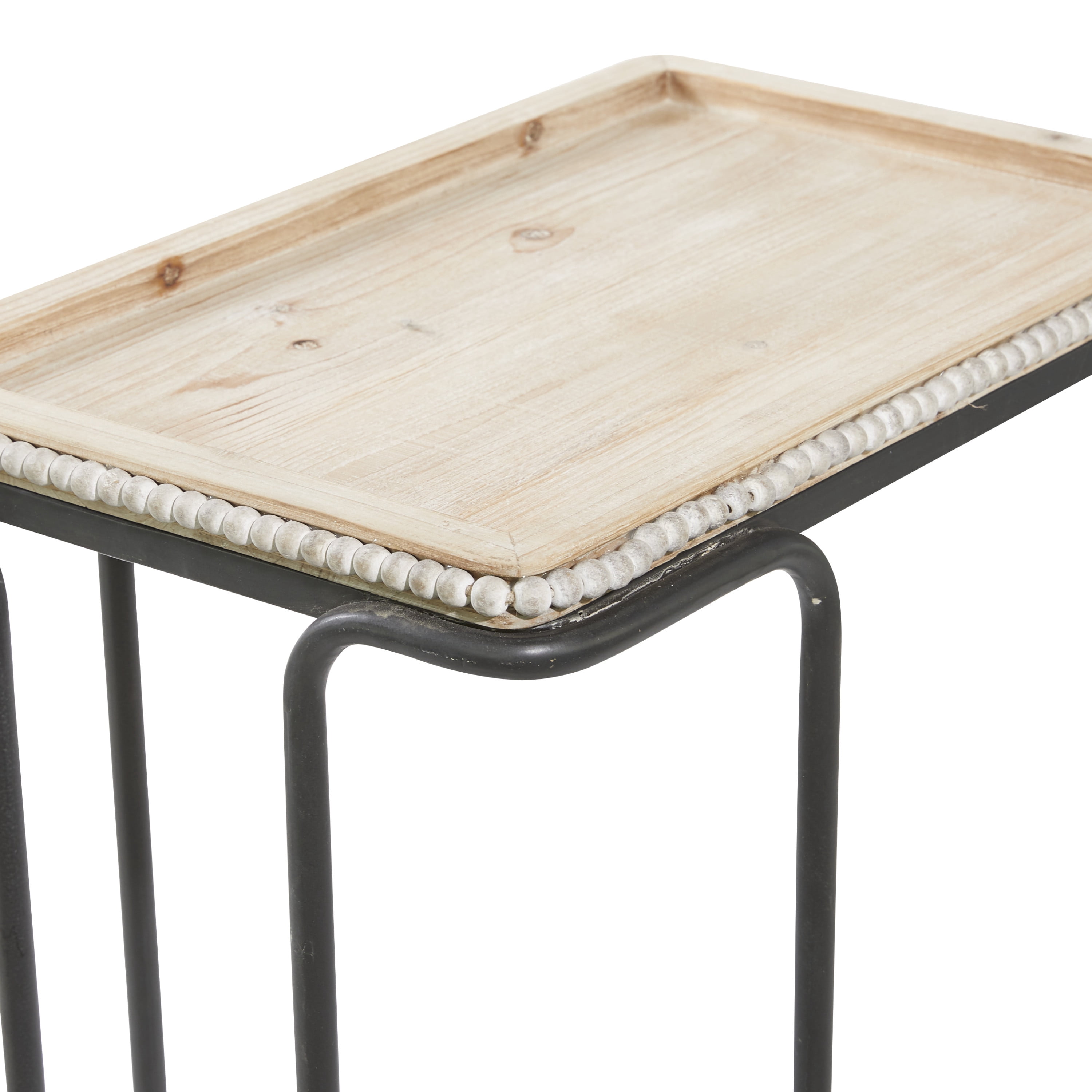 DecMode Iron Industrial C Shaped Side Table with Bead Accents 20"W x 26"H, Cream/White Wooden Finish and Black Metallic Frame