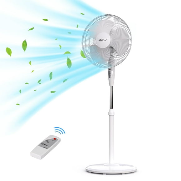 Shinic Ventilador de pedestal oscilante de 16 pulgadas con control remoto, funcionamiento silencioso de 3 velocidades, altura e inclinación ajustables, temporizador de apagado automático de 7,5 horas,