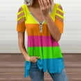 thumbnail image 2 of PLAIN SOLID NEON FLUORESCENT RAINBOW STRIPES 5 COLORS Womens Summer V Neck Zipper Top Short Sleeve T Shirt Off Shoulder Top Casual Classy Loose Shirts, 2 of 7