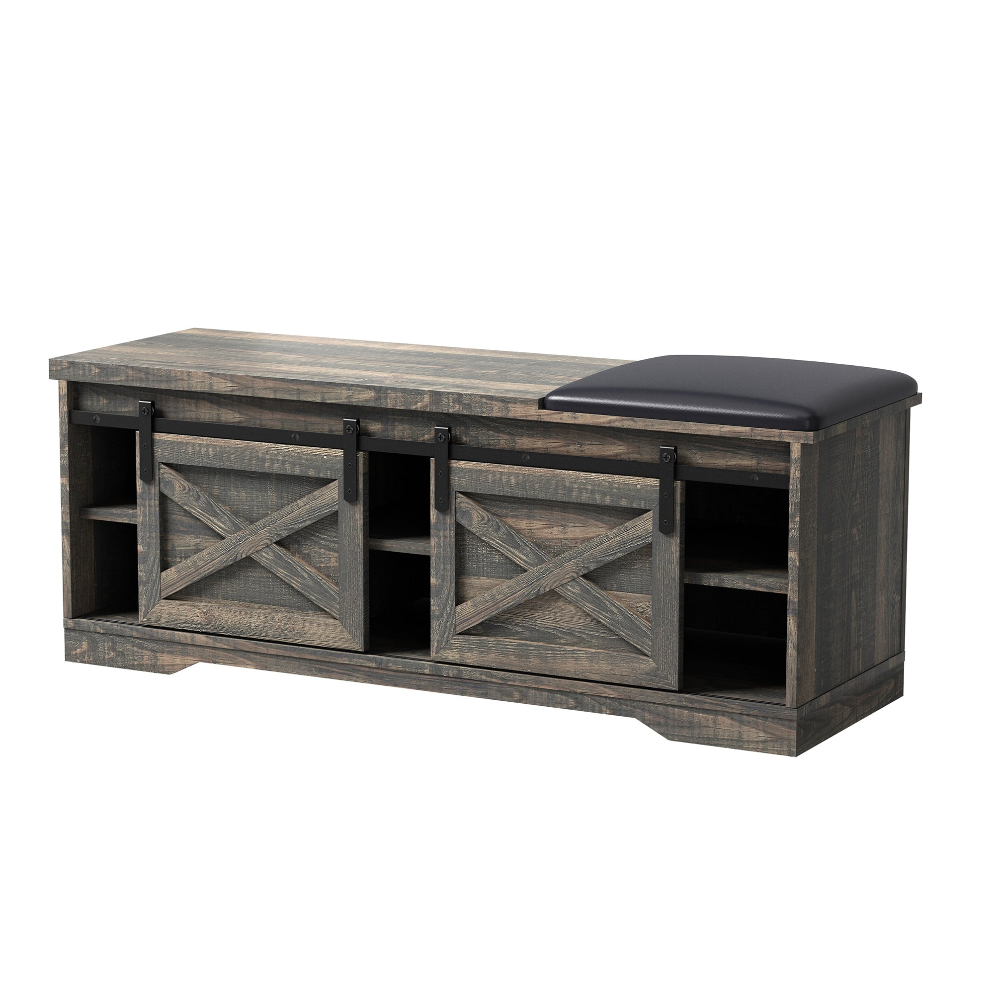 Kepooman Modern Farmhouse Sliding X Barn Door Litterbox Bench with Entry Cutout for Living Room, Old Pine Shoe Bench Kepooman Modern Farmhouse Sliding X Barn Door Litterbox Bench with Entry Cutout for Living Room, Old Pine Shoe Bench