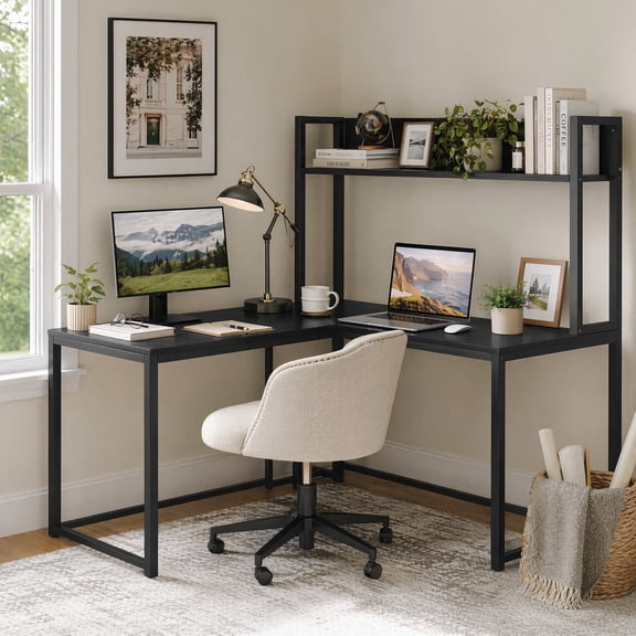 55" Reversible L-Shaped Desk with Storage Hutch, Wood Computer Desk for Home Office , Gaming, Black