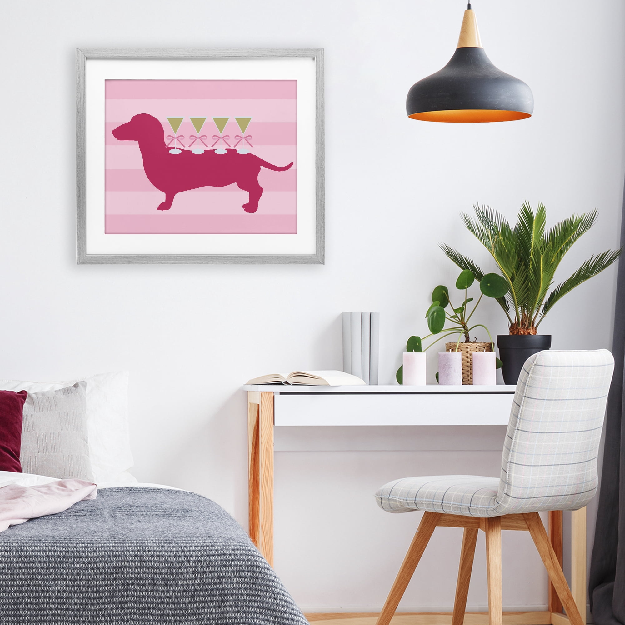 Stupell Industries Pink Dachshund With Martinis Gray Framed Print Under Glass, design by Lil' Rue