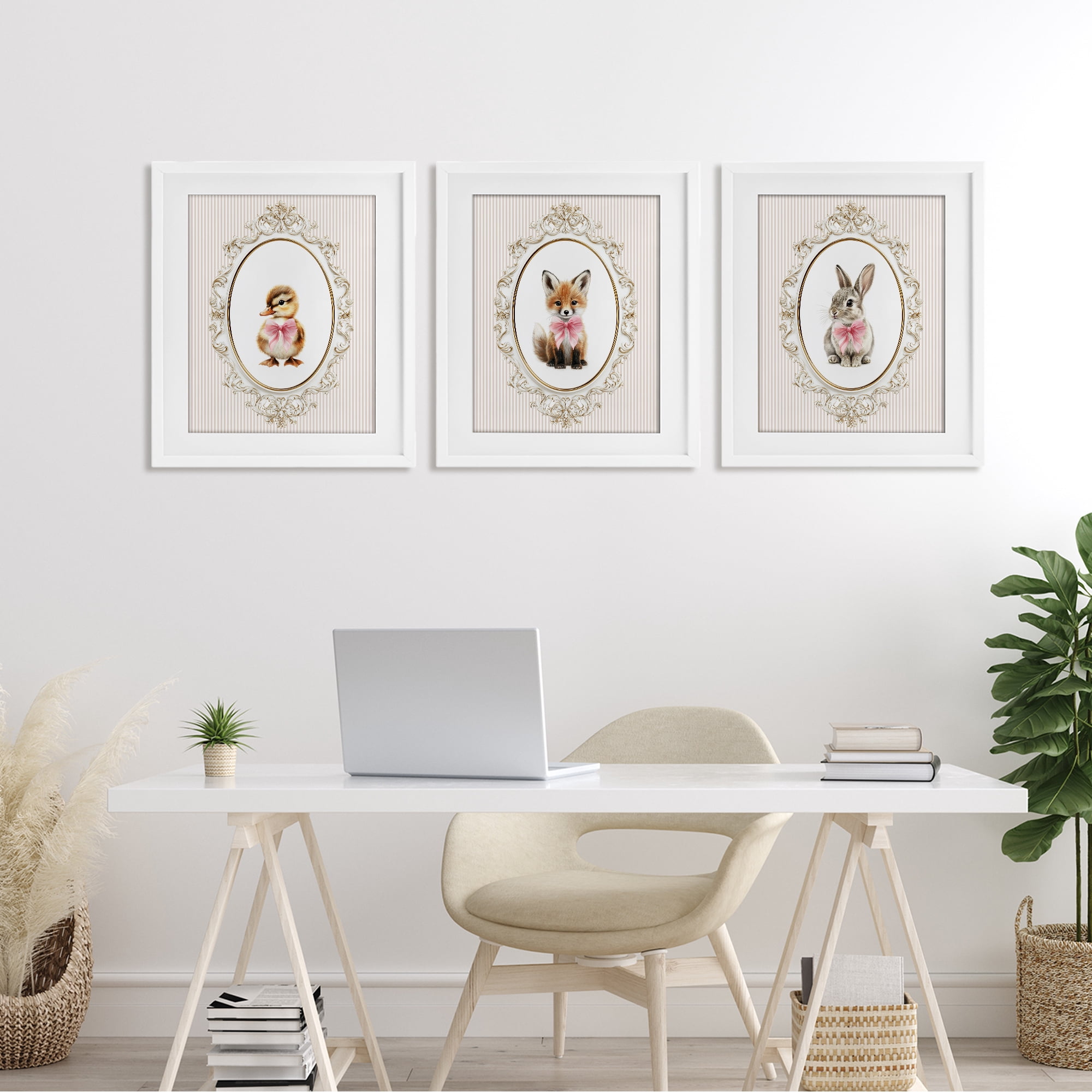 Stupell Industries Vintage Animals with Ornate Design 3 Piece White Framed Print Under Glass Set, design by Christine Simpson Art
