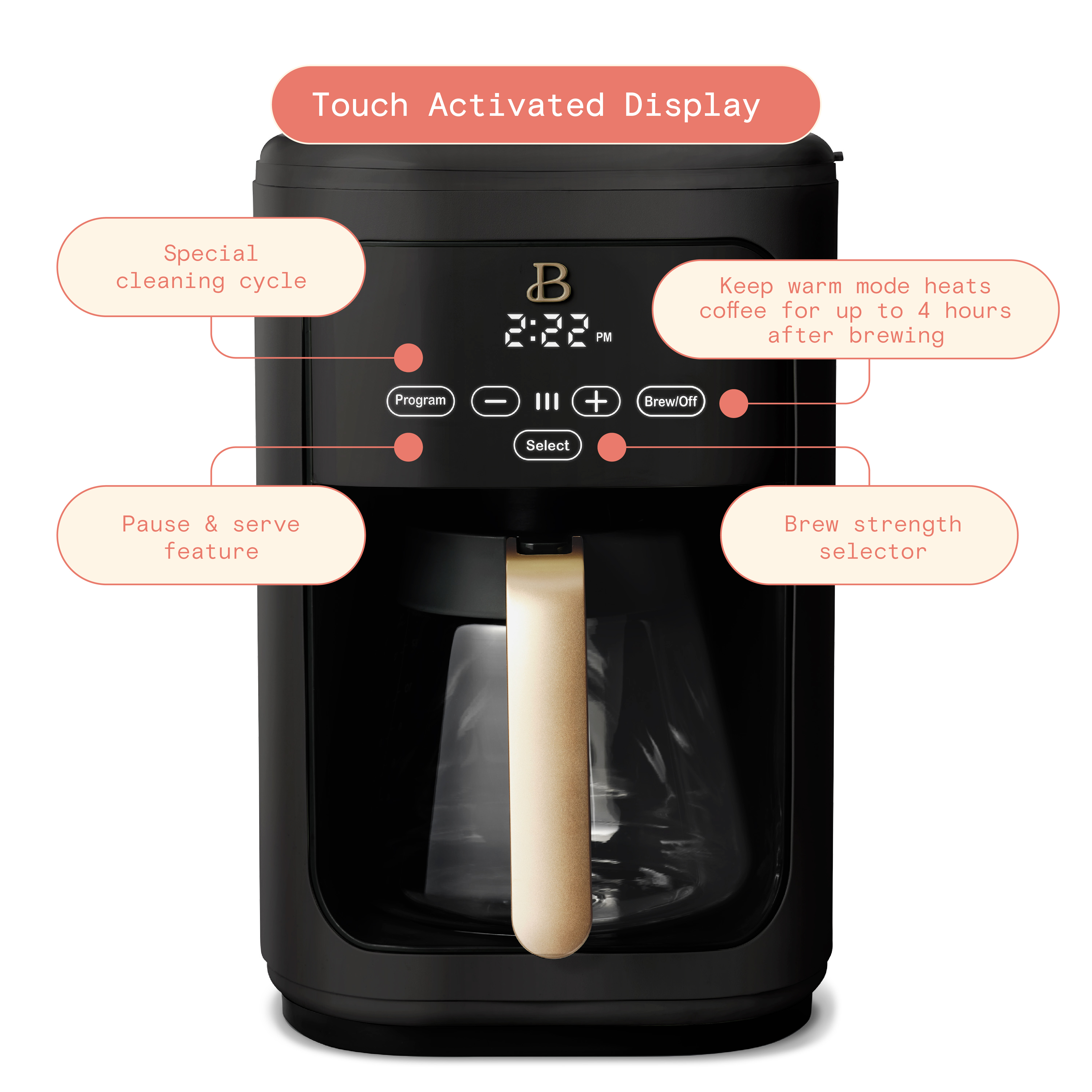Beautiful 14-Cup Programmable Drip Coffee Maker with Touch-Activated Display, Black Sesame by Drew Barrymore - image 4 of 10