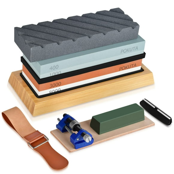 Knife Sharpening Stone Set , Includes 4 Side Grit 400/1000 3000/8000 Whetstone Knife Sharpener Kit,Safe Whetstone Knife Sharpener,Non-Slip Bamboo Base, Angle Guide,Polishing Compound&i