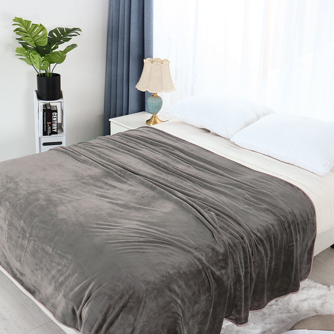Unique Bargains Flannel Fleece Blanket Soft Luxury Hemmed Gray Queen