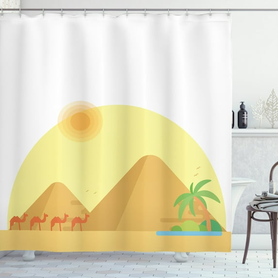 Oasis Shower Curtain, Caravan of Camels Marching by the Egyptian Pyramids Illustration, Fabric Bathroom Set with Hooks, 69W X 70L Inches, Dark Mustard and Multicolor, by Ambesonne