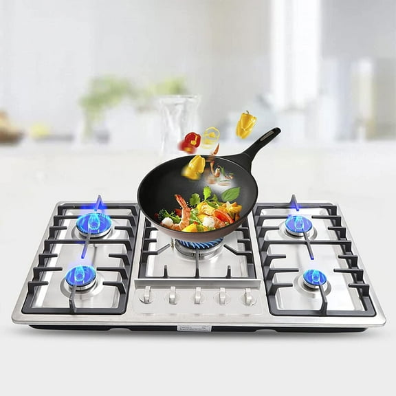 Miumaeov 5 Burners Built in Gas Stovetop Cooker ortable Stainless Steel Cooktop LPG/NG Dual Fuel Cast Iron Grate Gas Stove for Home RV Outdoor Apartment Silver 33.85x19.68Inch