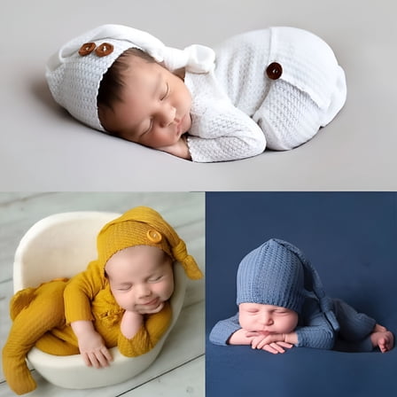 TELOLY Newborn Sleep Photography Outfits Infant Photo Props Knitted Hat Footed Romper for Boys Girls