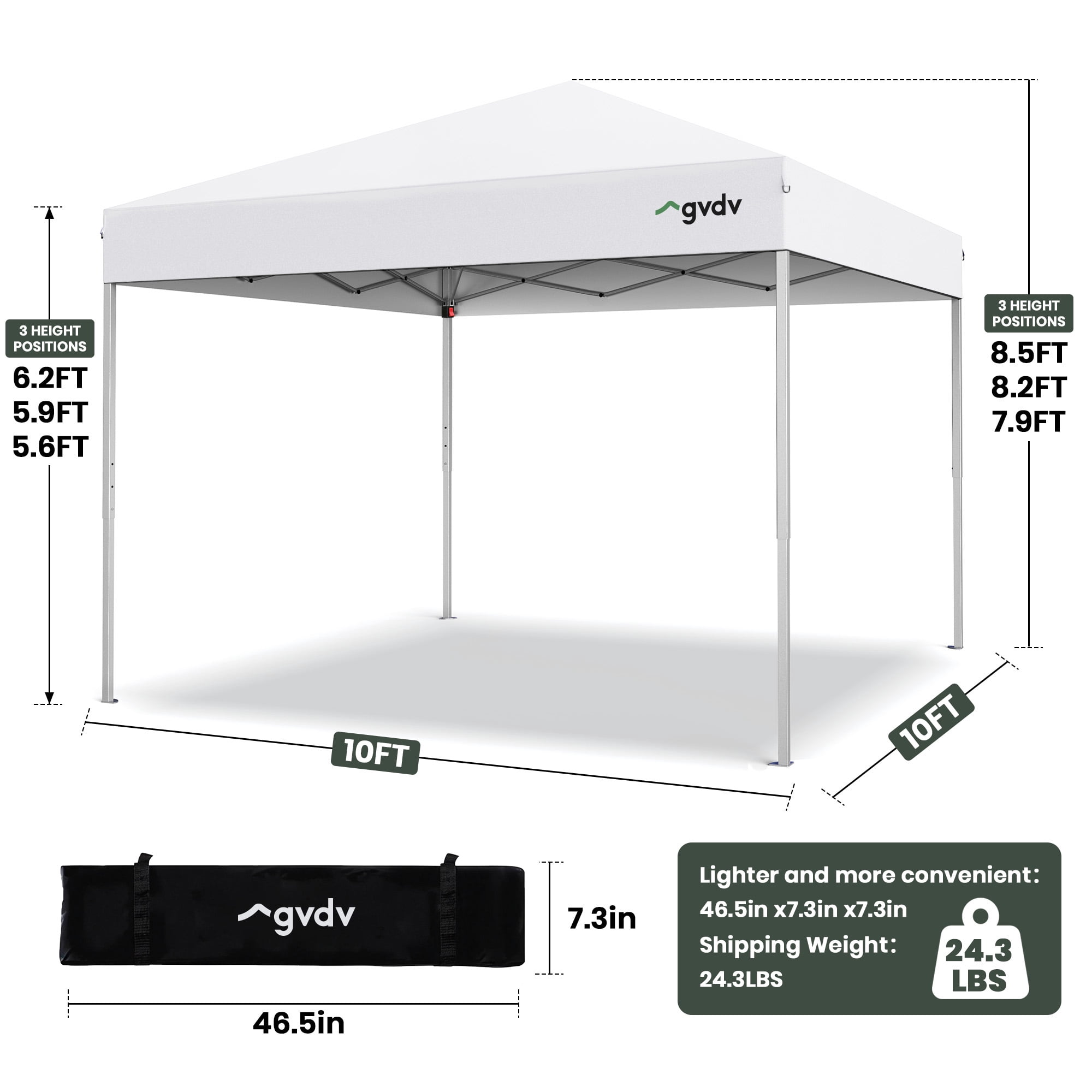 GVDV 10 ft x 10 ft Easy Pop up Outdoor Canopy Tent, Straight Legs Instant Canopy for Outside with Carrying Bag, White