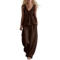 thumbnail image 2 of BRELIL Women's Two Piece Sets Summer Casual Loungewear V Neck Sleeveless Tank Top Wide Leg Loose Long Pants Matching Sets Solid Boho Beach Outfits Vacation Travel Tracksuit, Brown XL, 2 of 6