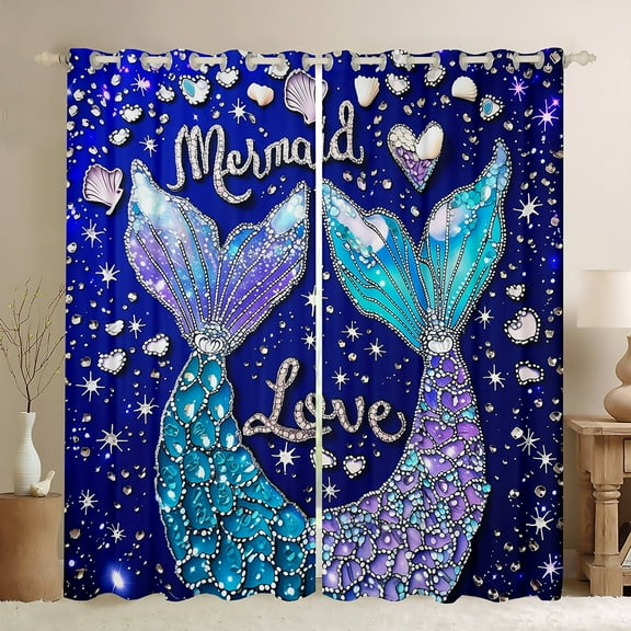 Erosebridal Mermaid Princess Curtains Pack of 2 (38x45), Bling Fish Tail Curtains for Living Room, Marine 30%-50% Black Out Curtains, Bedroom Curtains Bedroom Decorative