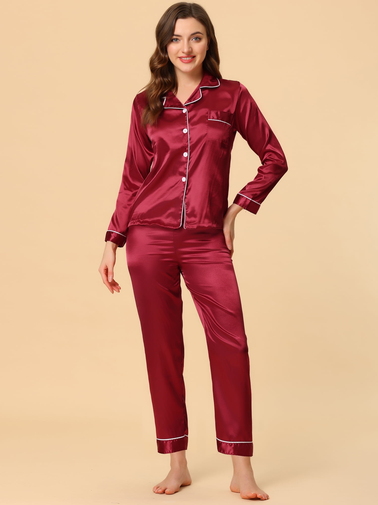 Unique Bargains Women's Satin 2pc Loungewear Button Down Silky Pajama Sleepwear Sets