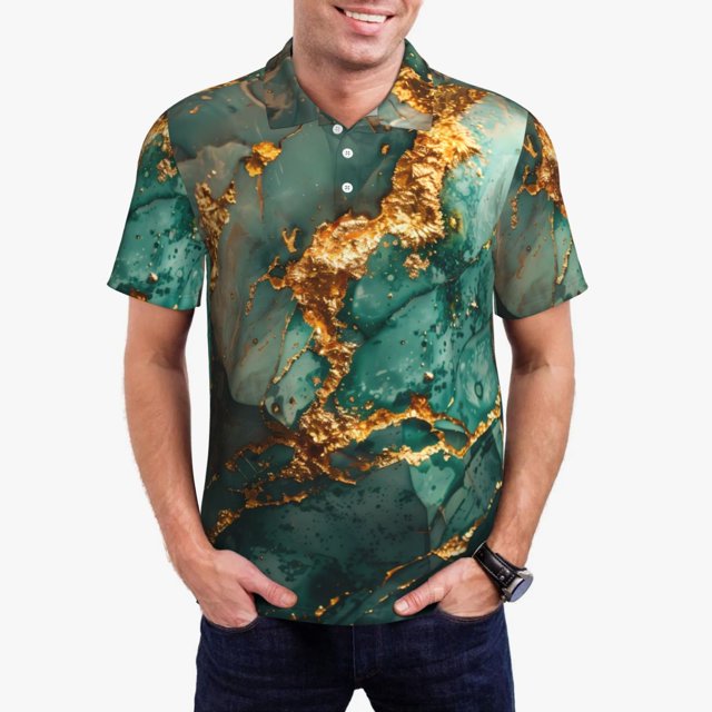 Fotbe Emerald Color Gold Marble Camiseta Polo de Golf para Hombre con Estampado – Camisa Deportiva Transpirable con Cuello Abotonado-Medium