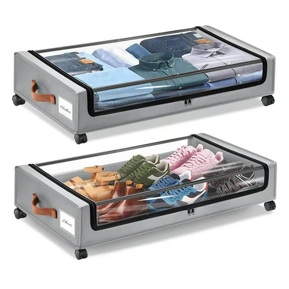 Under Bed Storage with Wheels, Under Bed Storage Containers with Clear Lids, 50L Under Bed Shoe Storage Organizer, Dorm Bedroom Rolling Underbed Storage for Clothes, Toys, Blankets (Gray)