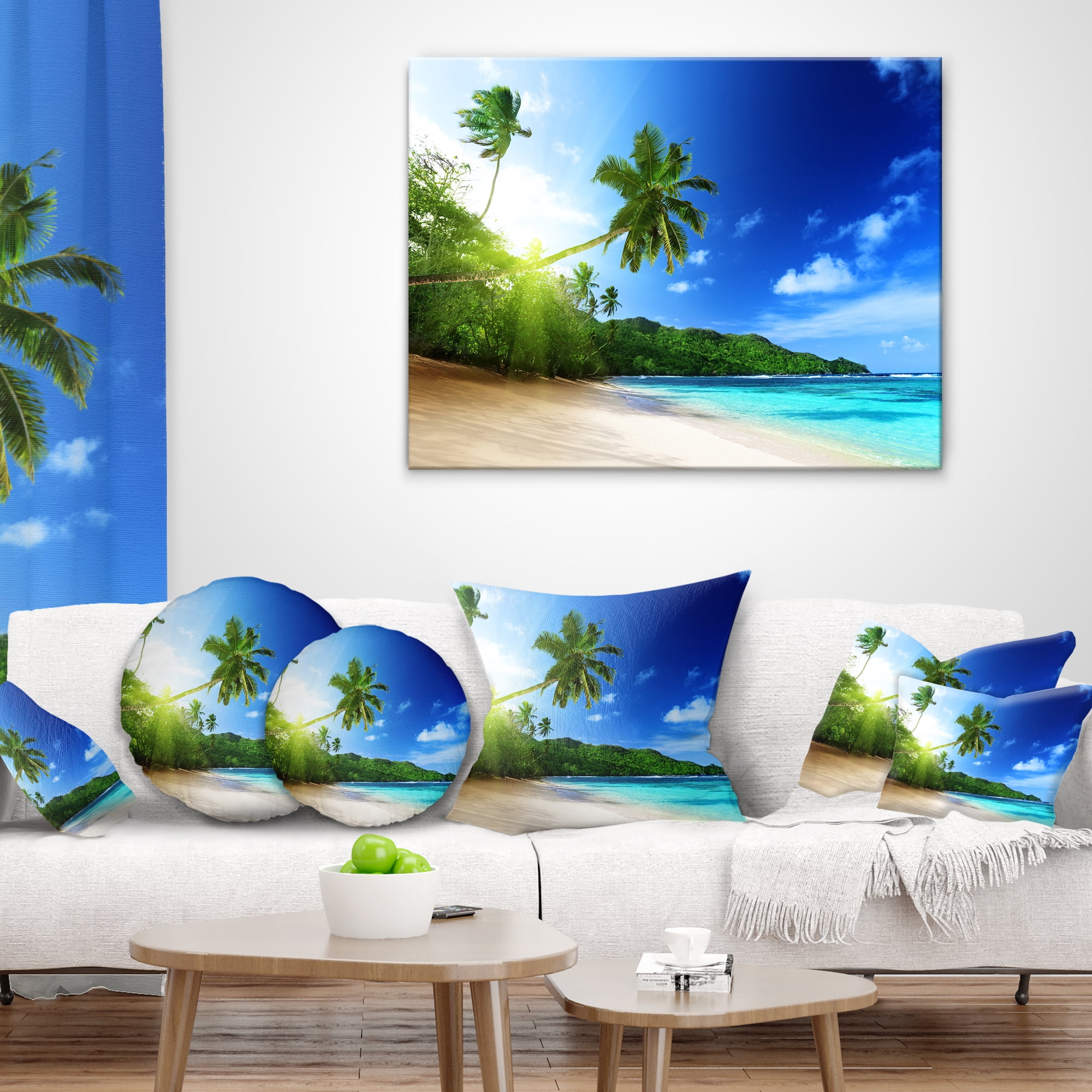 Designart Sunset Beach with Palm - Landscape Photography Throw Pillow - 18x18