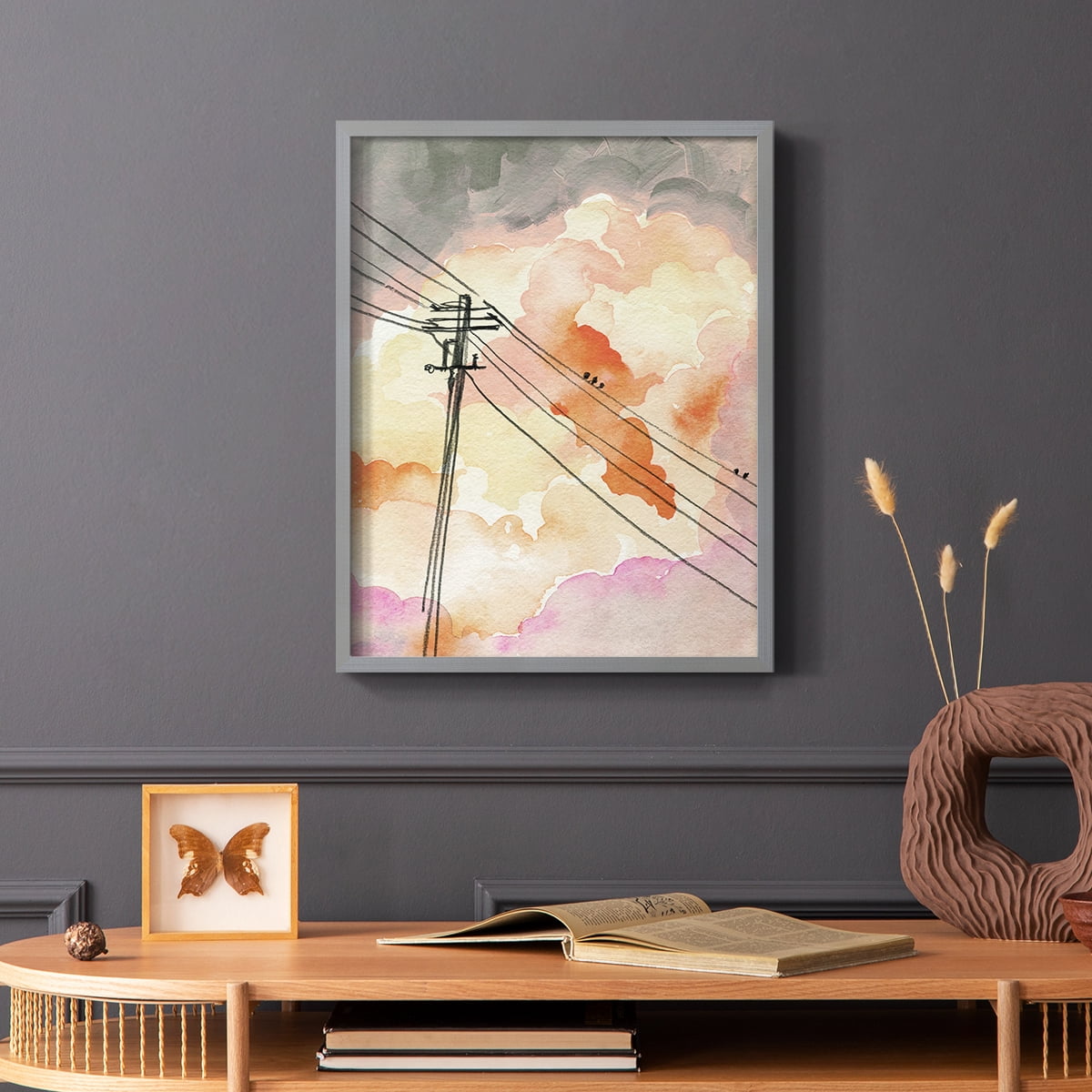 Cloudy Communication II Framed Print in Gray Solid Wood Framed Print No Nail Hanging