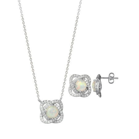 Sterling Silver Cubic Zirconia and Created Opal Pendant and Earring Set, 18"