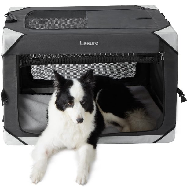 Jaula plegable para perros Lesure – Perrera de viaje portátil para perros grandes Jaula para mascotas de 4 puertas con ventanas de malla duraderas para interiores y exteriores Gris carbón