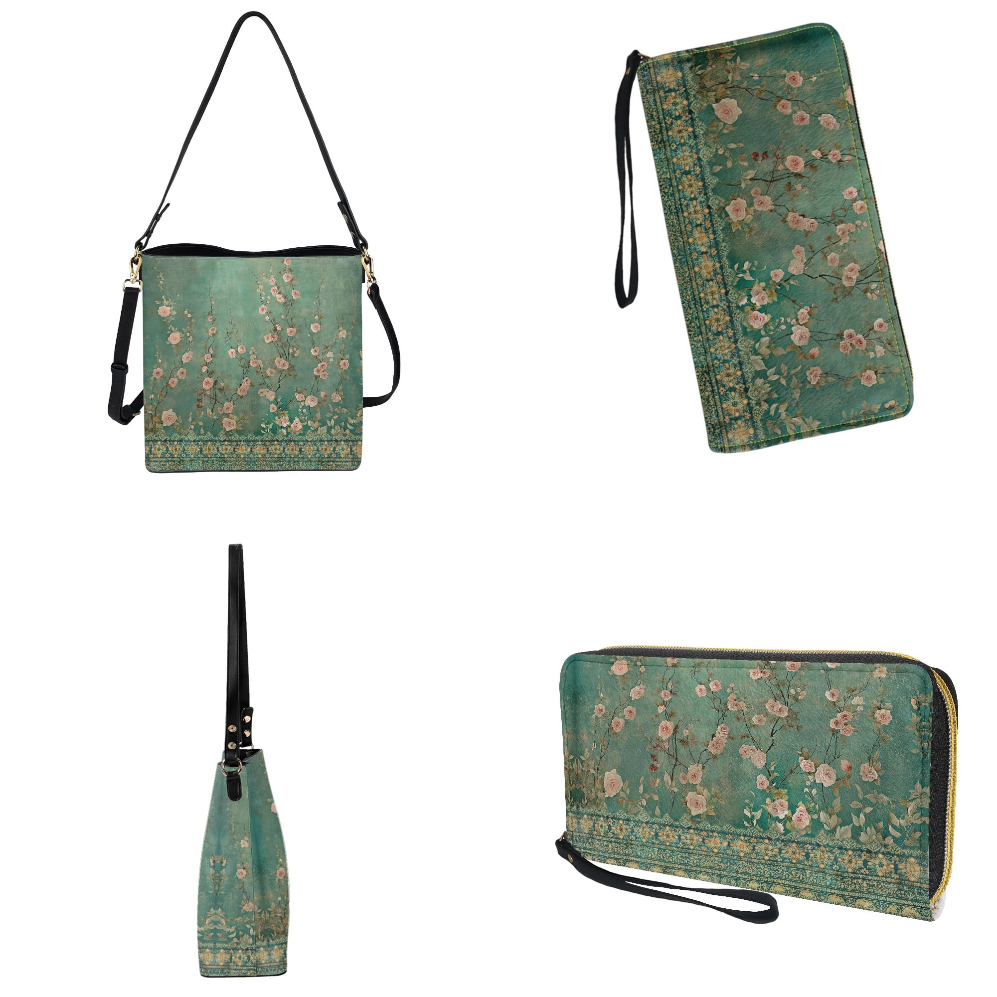 ZUXONGSY Baroque Flower Rose Print Multifunctional Leather Crossbody Handbag with Wrist Wallet for Women, Multipurpose Bucket Bag Purse and Wallet Set for Daily Use Travel