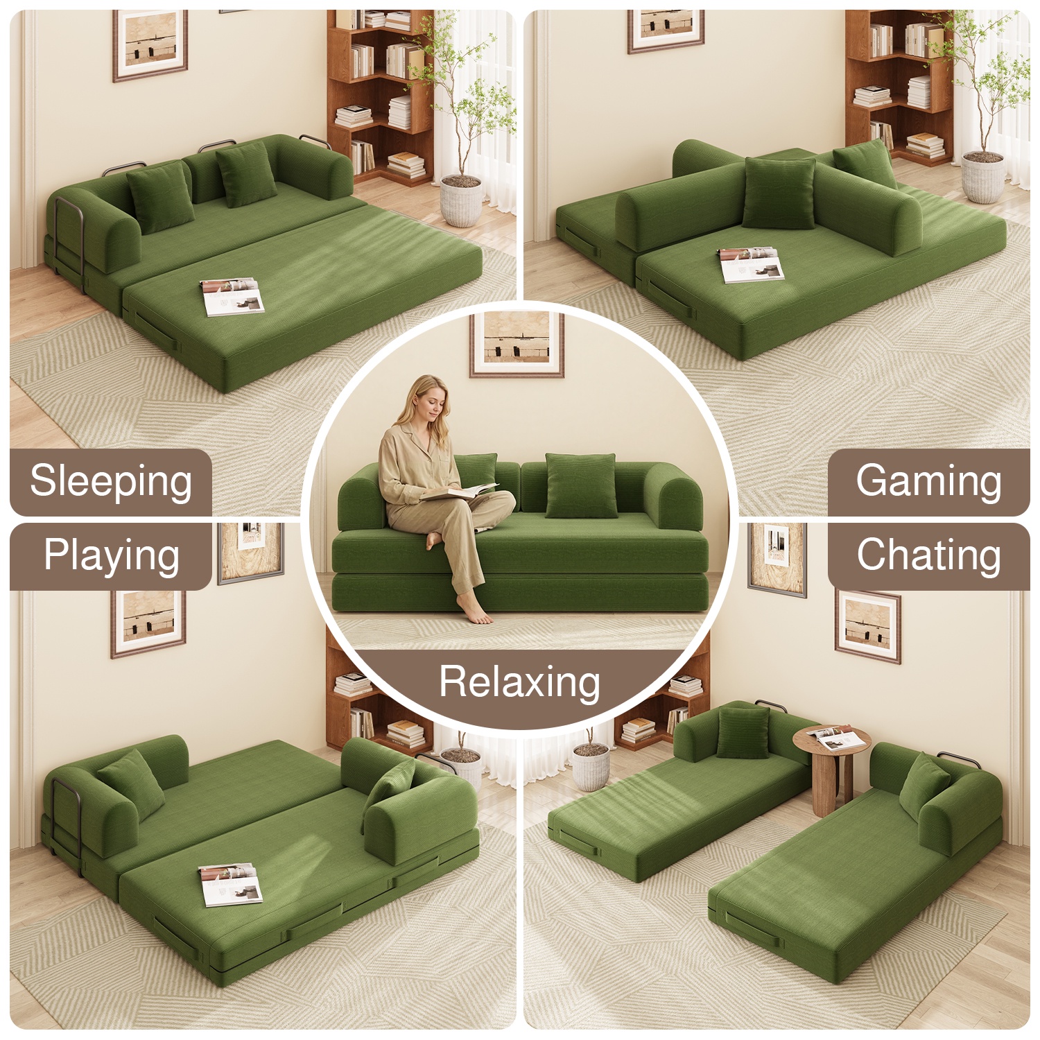 Noelse 78" 5-in-1 Convertible Sofa Bed, Green photo 2