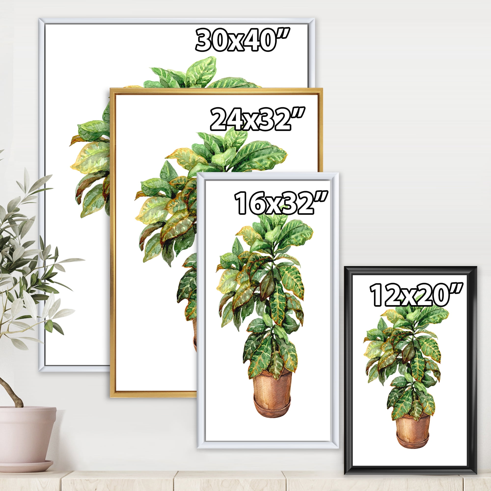 Designart 'Green Croton In Clay Flowerpot' Traditional Framed Canvas Wall Art Print