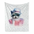 thumbnail image 1 of Funny Soft Flannel Fleece Blanket, Retro Hipster Funky Raccoon with Sunglasses Hat Pullover Portrait Animal Humor Theme, Cozy Plush for Indoor and Outdoor Use, 70" x 90", Pink Blue, by Ambesonne, 1 of 6