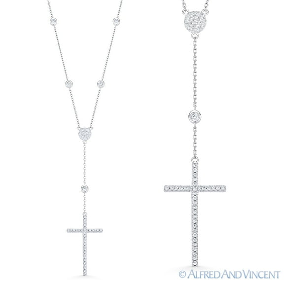 CZ Crystal Pave Cross Pendant & Chain Rosary Necklace in .925 Sterling Silver