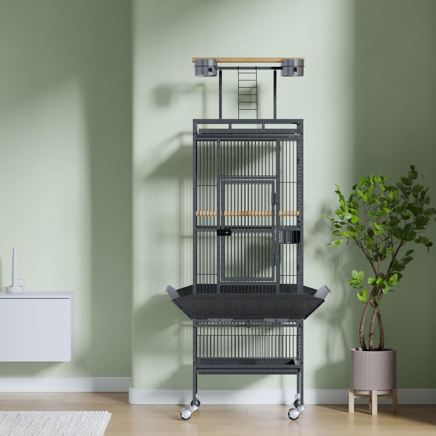 61" Heavy Duty Bird Cage, Flight Cage W/Play Top, Rolling Stand & Bowls for Parrots