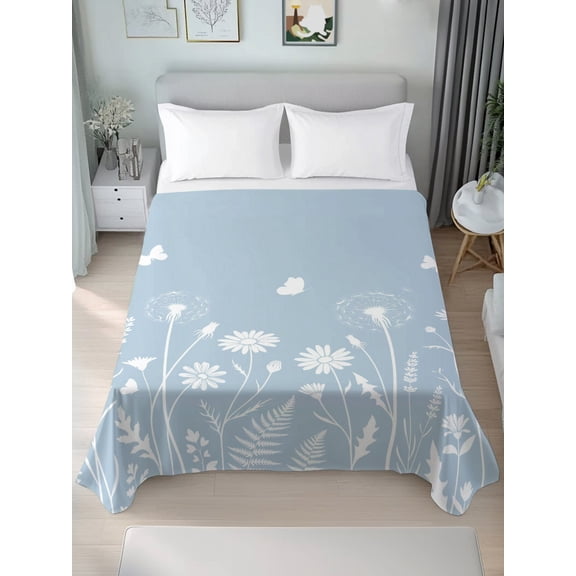 Queen Flat Sheet Only Pastoral Floral Minimalist Blue Soft Microfiber Cooling Bedding Sheets Blossom Flower Fern Flat Bed Sheet for Hotel,Home Decor