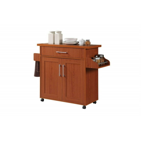 Kitchen Storage Cart with Spice Rack - Rolling Utility Island - Cherry Finish