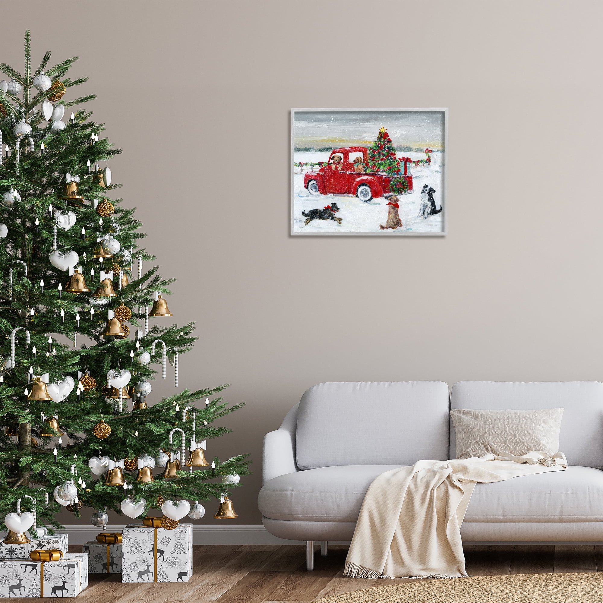 Stupell Industries Seasonal Truck with Dogs Holiday Painting Gray Framed Art Prints Wall Art, 30 x 24