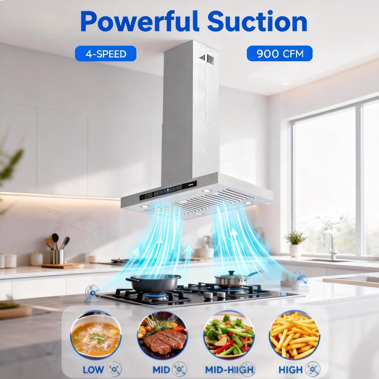 BRANO 36-inch Professional Island Range Hood, Ducted/Ductless, 900 CFM High Power, Smart Voice/Gesture Control