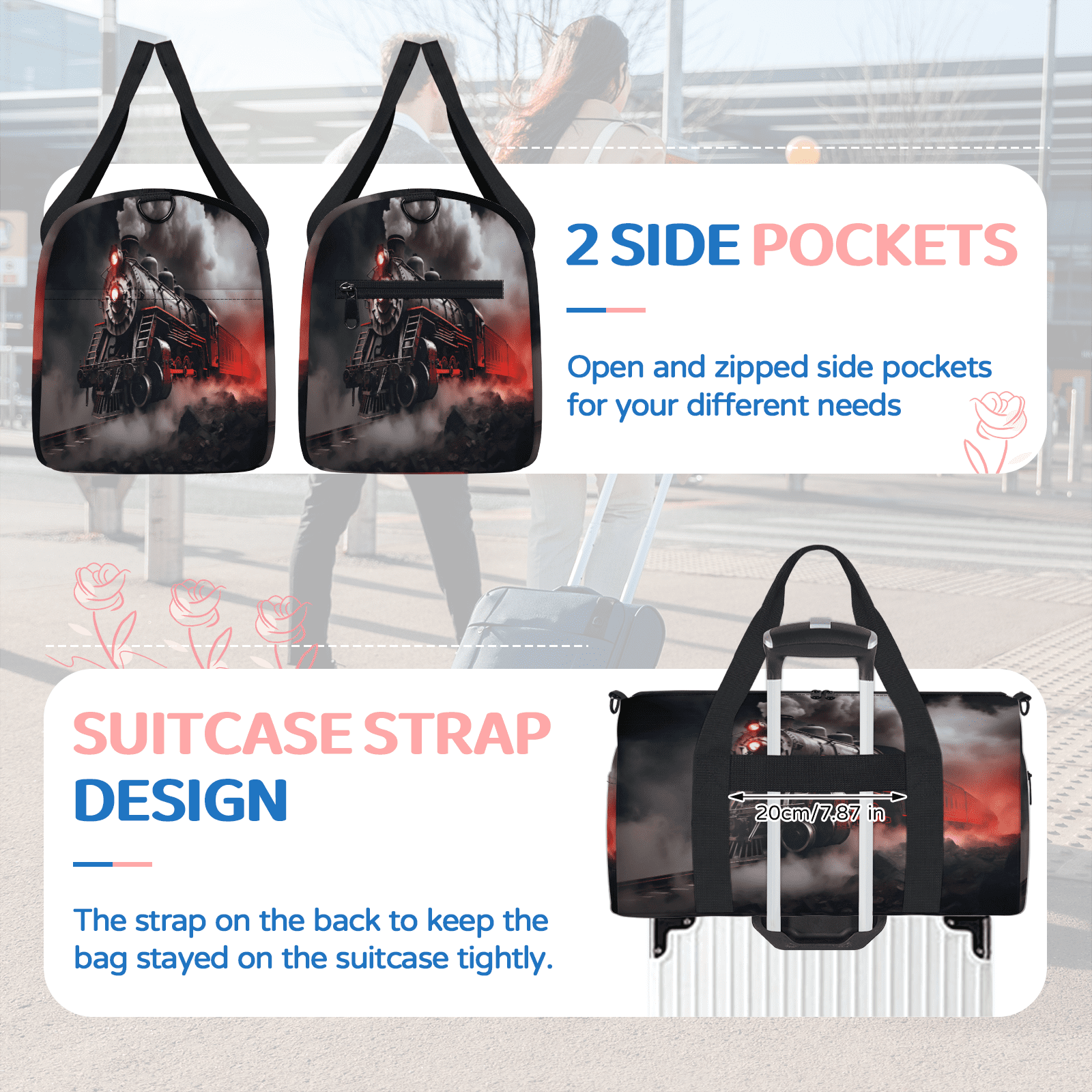 Herdesigns Retro Steam Train Gym Bag for Women, Duffle Bag for Travel Sport, Lightweight Waterproof Carry on Weekender Overnight Dance Yoga Workout Bags