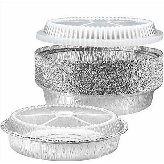 NYHI 30 Pack 9 Inches Round Aluminum Foil Pans with Plastic Lids Disposable Tin Foil Pan with Lids Heavy Duty Food Container Pie Dish Safe for Freezer Oven