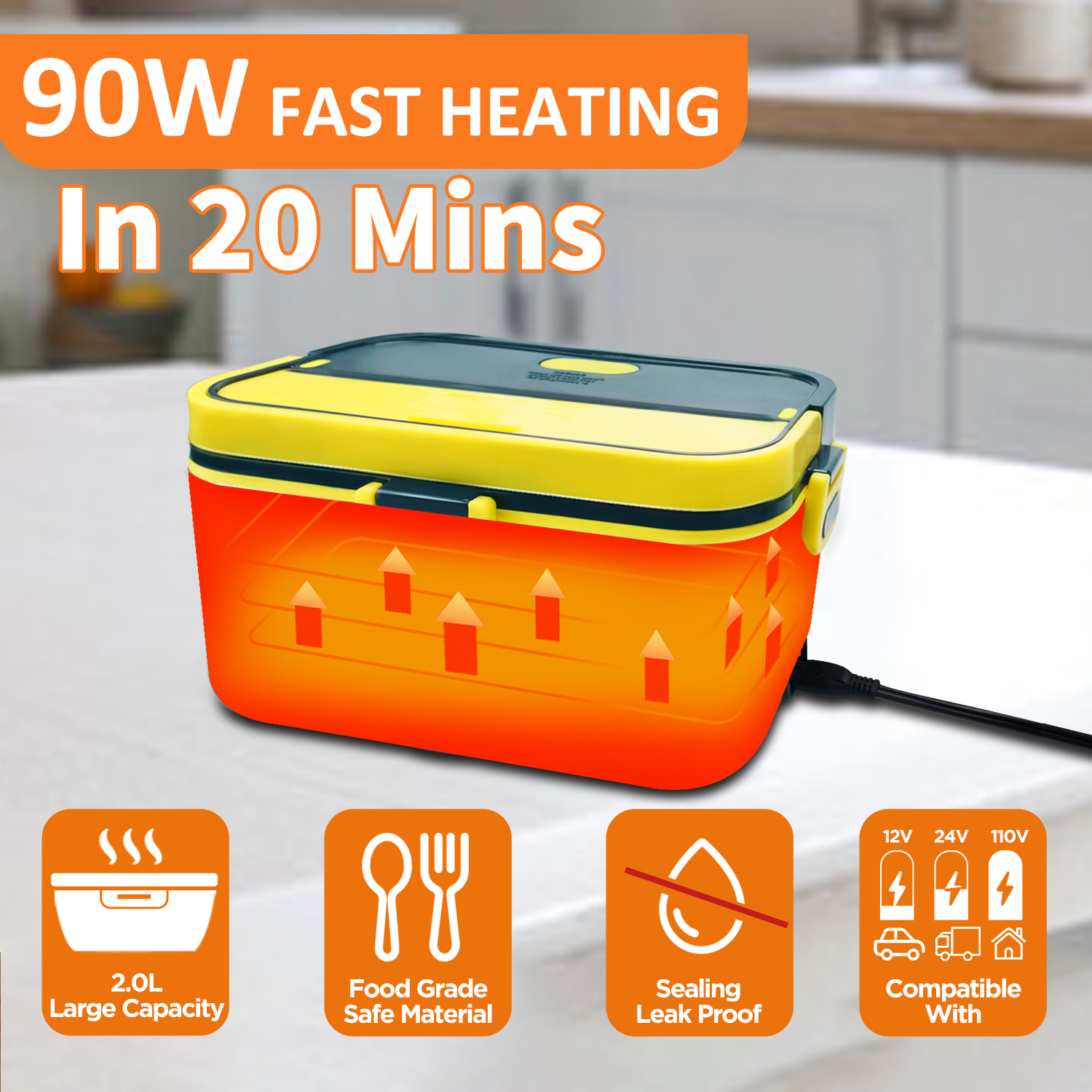 Aotto Electric Lunch Box, 90W Heated Lunch Box for Adults, 2L Faster Portable Food Warmer 12V/24V/110V for Work/Travel/Car/Truck - Leakproof, Stainless Steel Container, Carry Bag, Blue