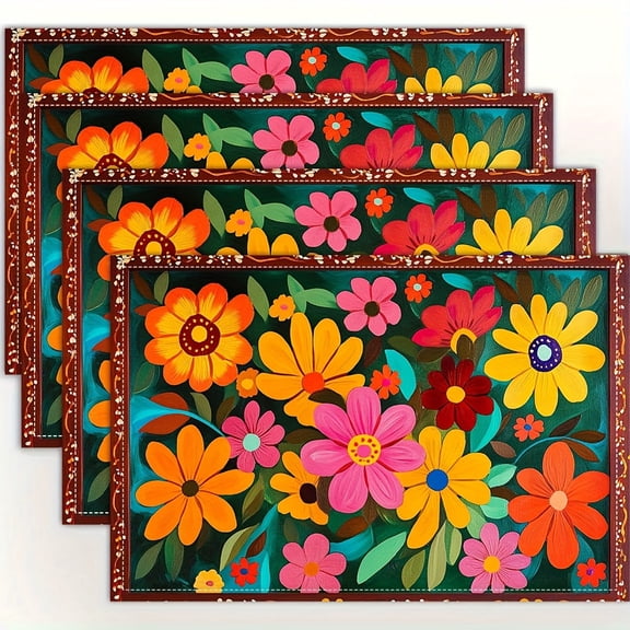 4pcs, Mexican Floral Pattern Placemats, Fashion Print Pattern Table Mat, for Dining Table, Kitchen, Party, Indoor, Holiday, Dinner Parties and Home Decor (table mats) 12x18 Inch