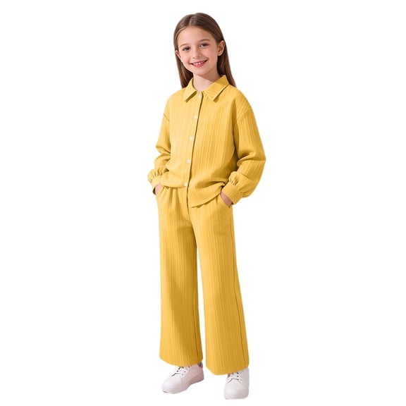 KyCheLot Girls Casual Set Schoolwear Long Sleeve Button down Shirt and Wide Leg Pants with Pockets 2 Piece Outfit 7-12Years