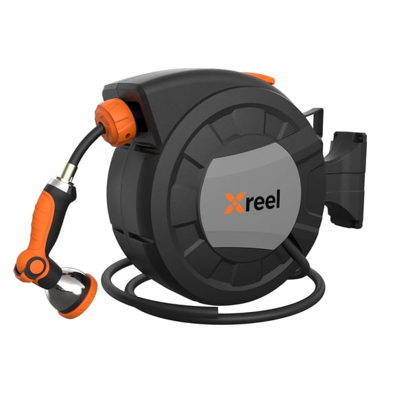 Retractable Garden Hose Reel With Wall Mount 1/2"x/100FT,With 10 Pattern HoseNozzle, Brass Connector, Auto Rewind/Any Length Lock/ 180° Swivel Bracket, Ideal For GardenWatering