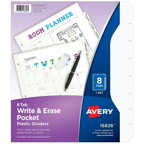 Avery Write & Erase Durable Plastic Dividers with Pockets, 8-Tab Set, White (16826)