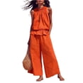 thumbnail image 3 of 2 Piece Sets for Women Linen Sleeveless Ruffle Top and Wide Leg Pants Matching Lounge Sets Vacation Travel Airport Outfits, 3 of 7