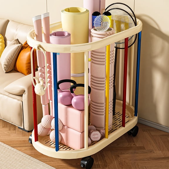 Yoga Mat Storage Rack Basket, Home Gym Equipment Organizer with Wheels, Yoga Mat Holder, Suitable for Dumbbells, Kettlebells, Resistance Bands, Yoga Blocks, Foam Rollers & Other Fitness Gear
