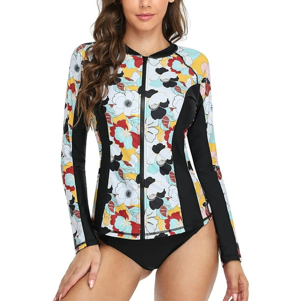 Charmo Women's Zip Front Long Sleeve Rash Guard Top Sun Protection Swim