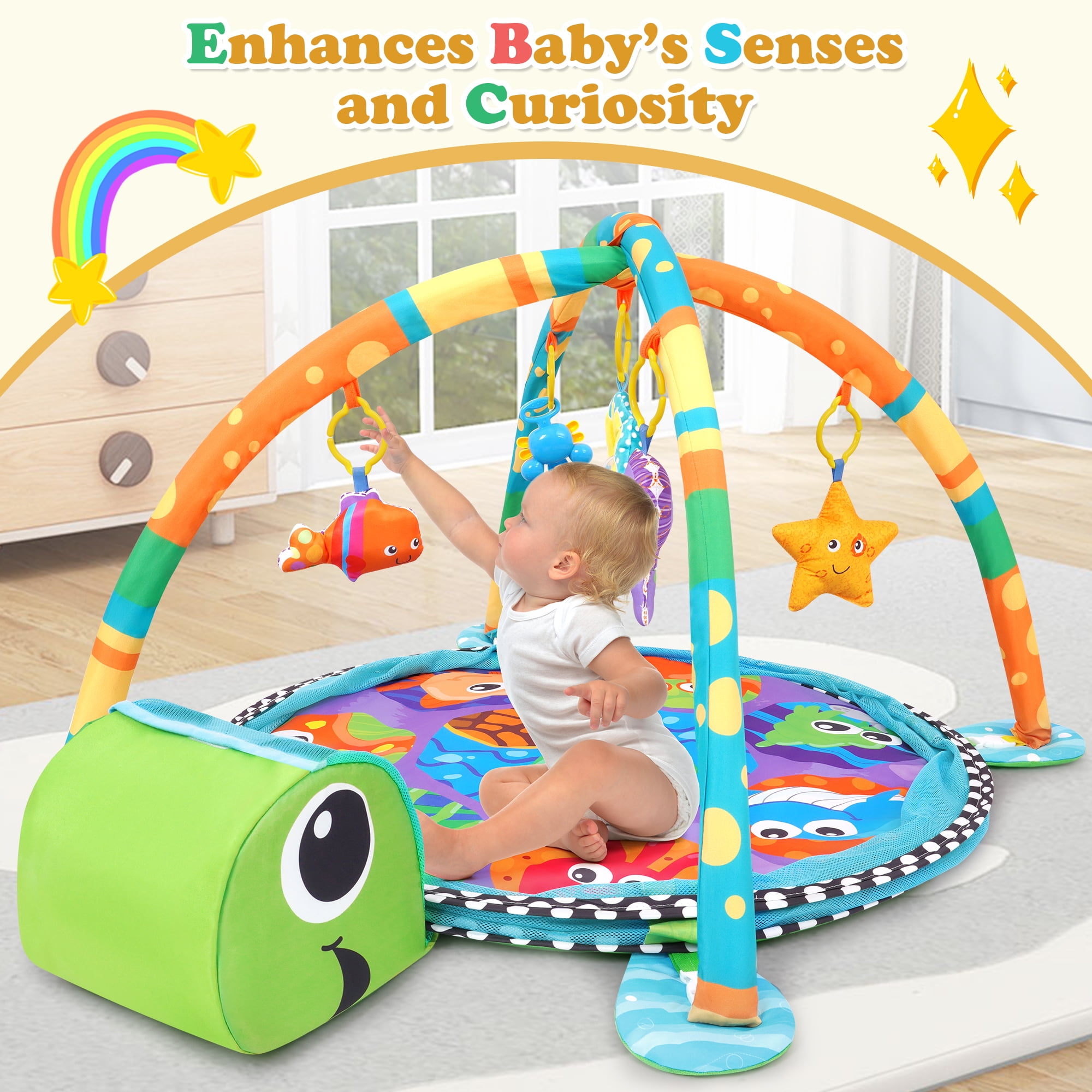 Babyeap 3-in-1 Baby Gym and Play Mat, Baby Activity with Ocean Ball Sensory Toys, 0-36 Months
